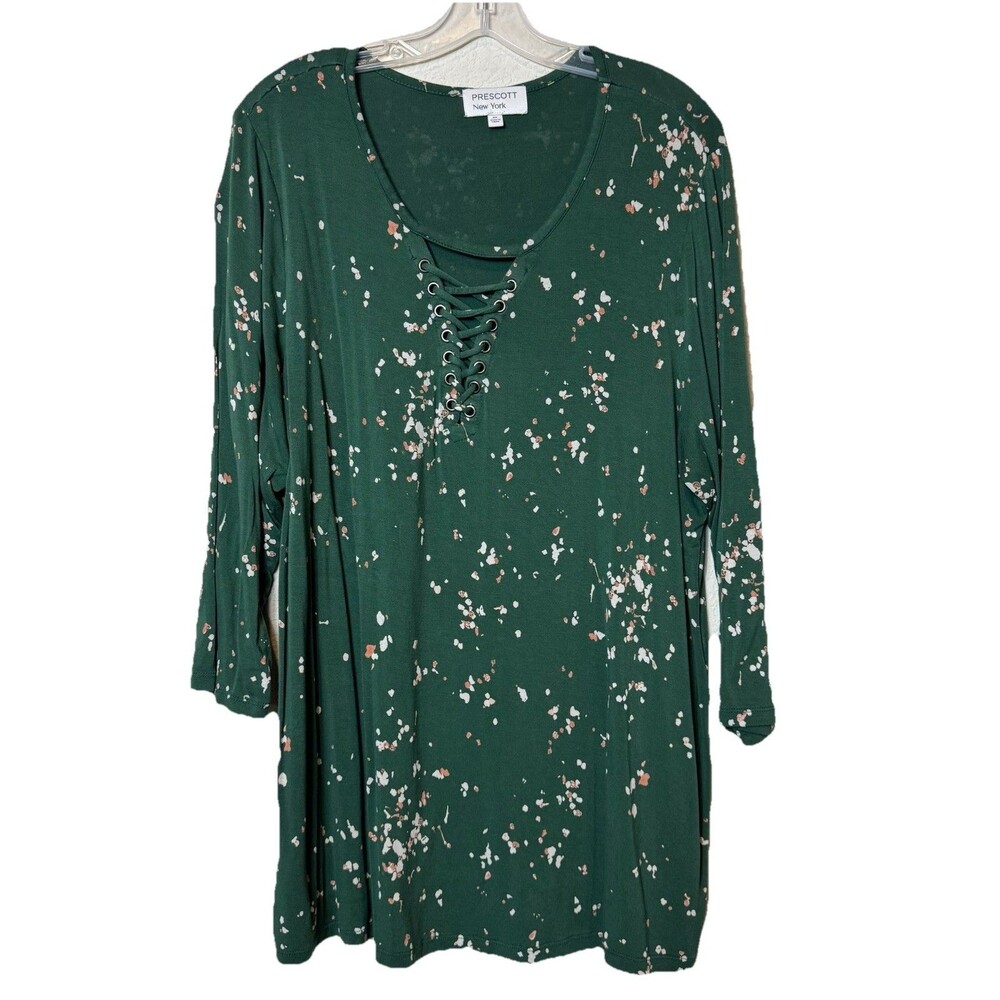 Prescott New York Women’s Plus Size Green Tunic Top Speckled Lace-Up Neckline 2X